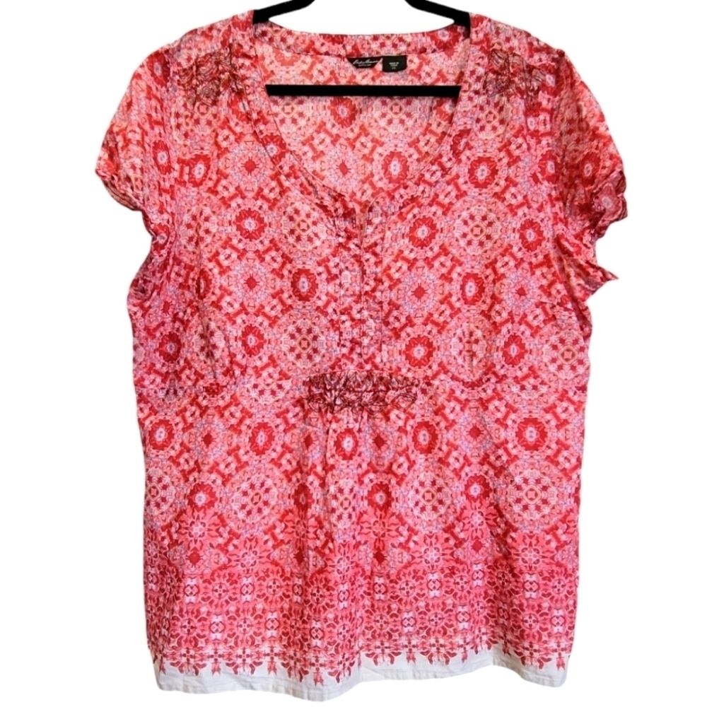 EDDIE BAUER XXL 100% Cotton Geometric Short Sleeve Blouse